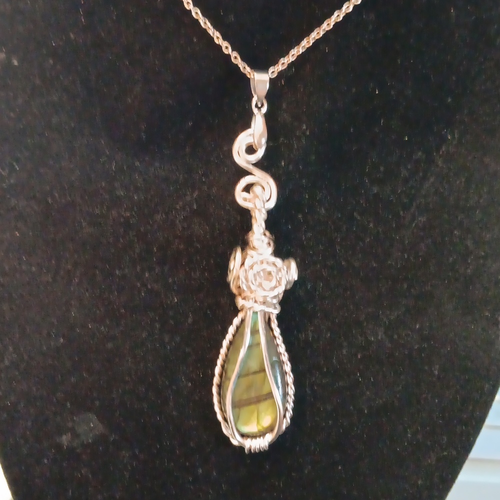 Artisan Wrapped Green Flash Labadorlite Teardrop Necklace